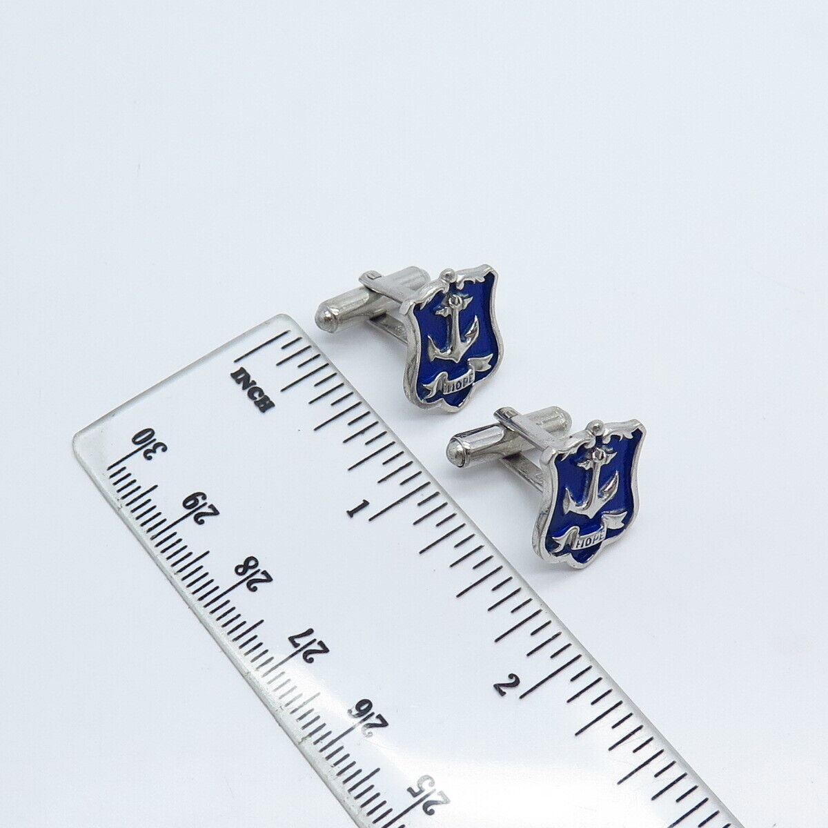 925 Sterling Silver Vintage USA Enamel "Hope" Anchor Cufflinks