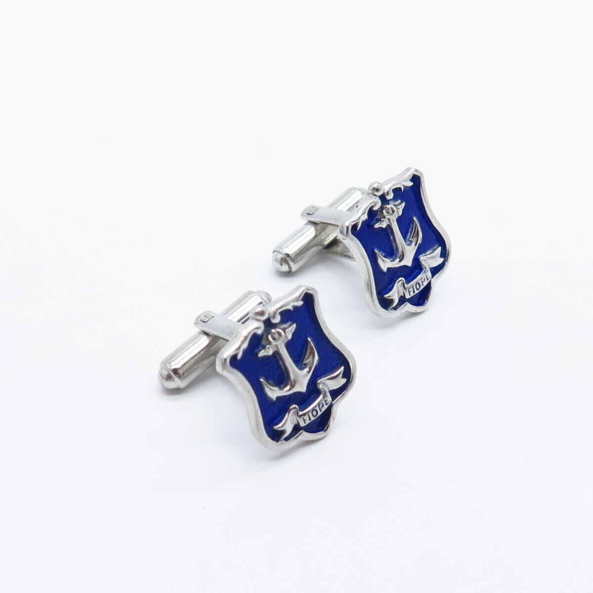 925 Sterling Silver Vintage USA Enamel "Hope" Anchor Cufflinks