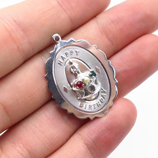 925 Sterling Silver Antique Multi-Color Rhinestone "Happy Birthday" Cake Pendant