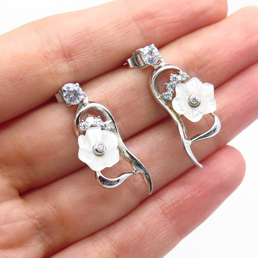 925 Sterling Silver Real Mother-of-Pearl & C Z Floral Stud Earrings