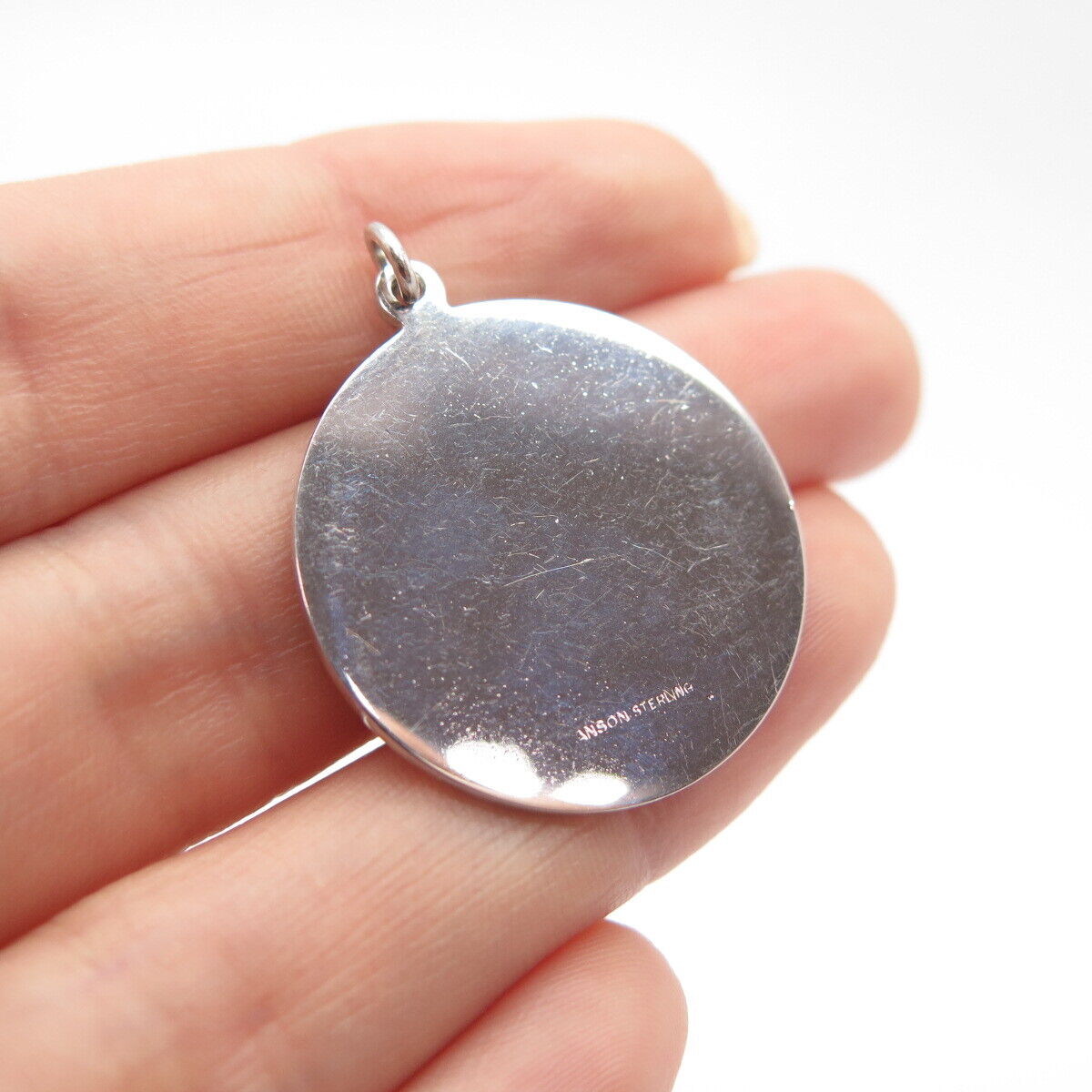 925 Sterling Silver Vintage Anson Satin Finish Bell & Lady Round Pendant