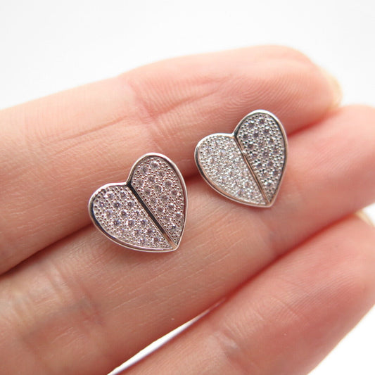 925 Sterling Silver Pave C Z Heart Stud Earrings