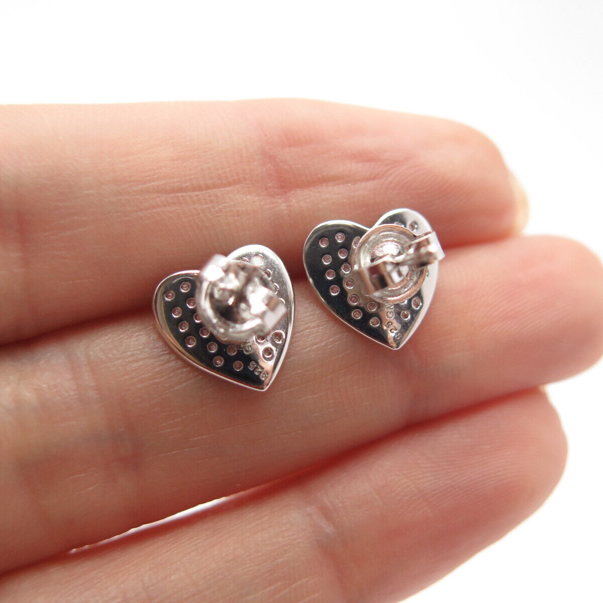 925 Sterling Silver Pave C Z Heart Stud Earrings