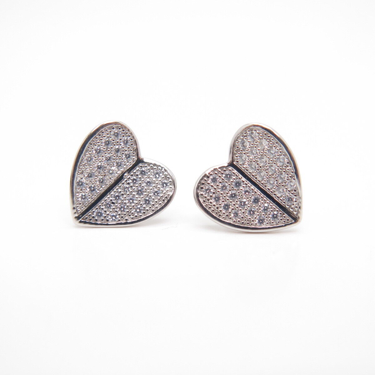 925 Sterling Silver Pave C Z Heart Stud Earrings