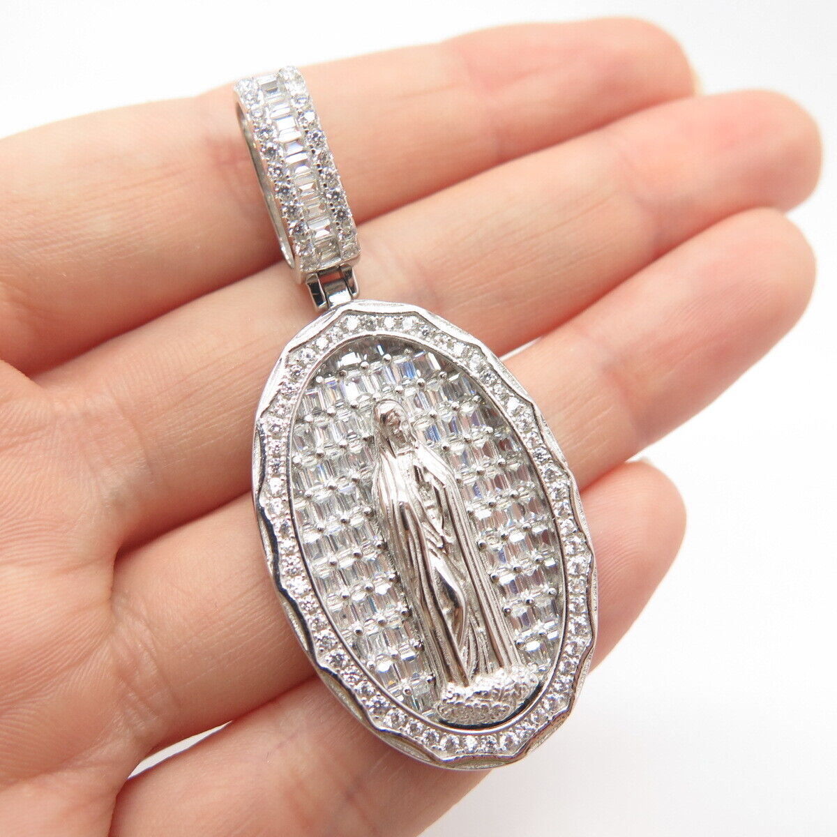 925 Sterling Silver C Z Virgin Mary Religious Pendant