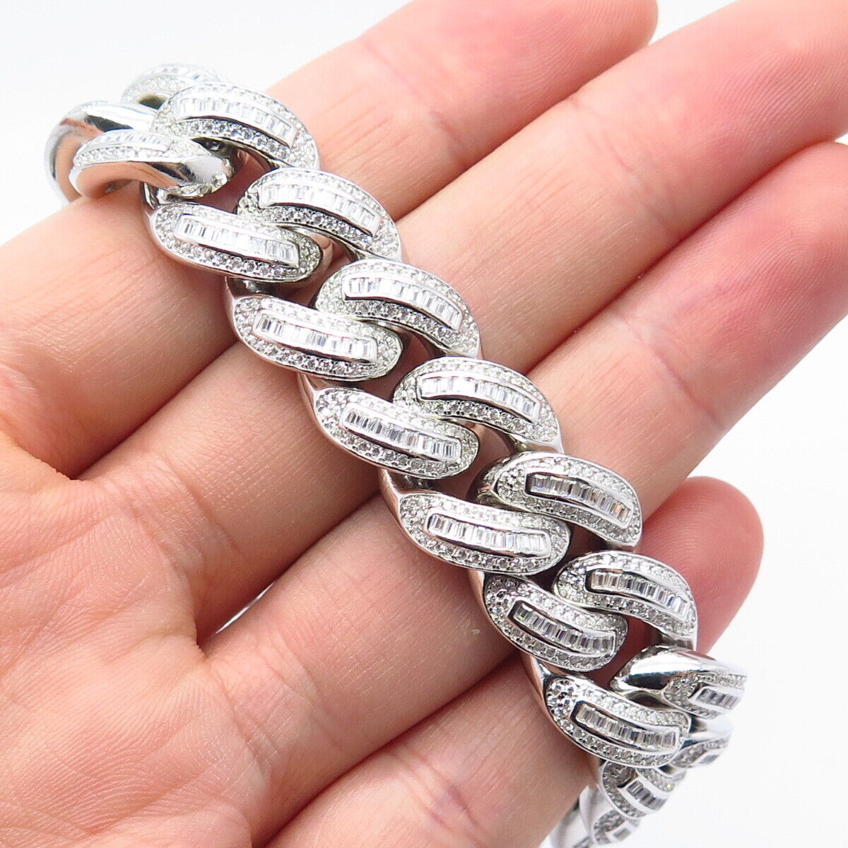 925 Sterling Silver C Z Cuban Link Bracelet 7"