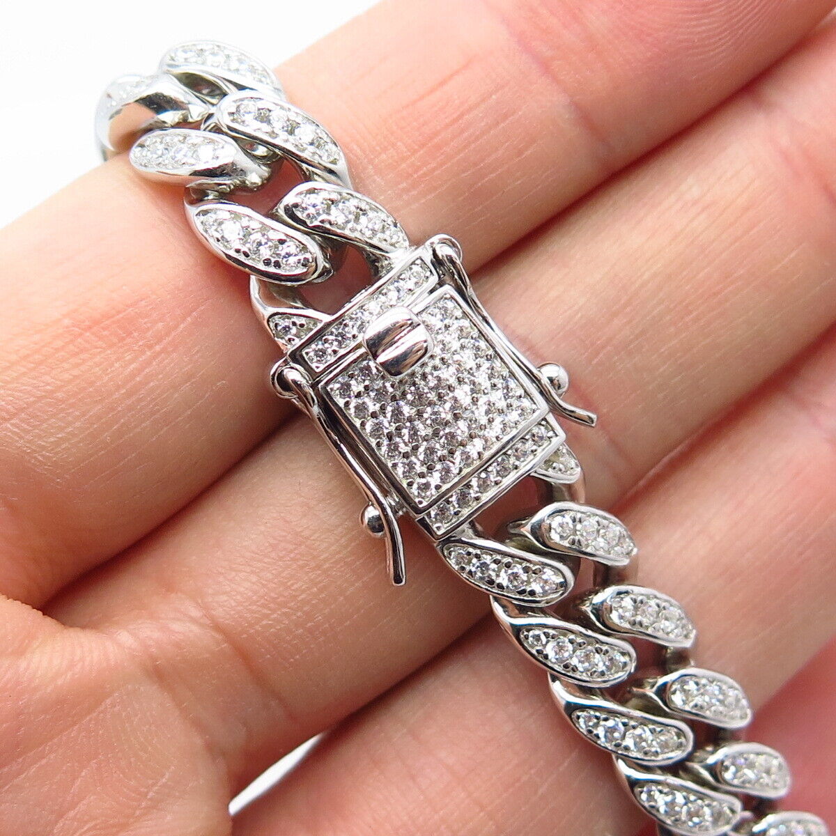 925 Sterling Silver C Z Cuban Link Bracelet 7.75"