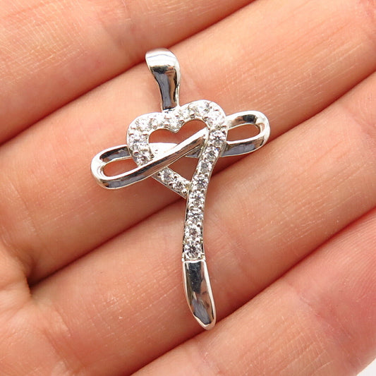 925 Sterling Silver C Z Heart Shape Slide Cross Pendant