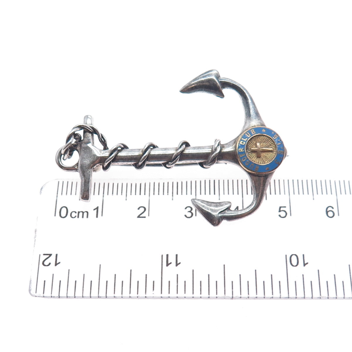 925 Sterling Silver Antique Art Deco Enamel Rudder Club Anchor Oxidized Brooch