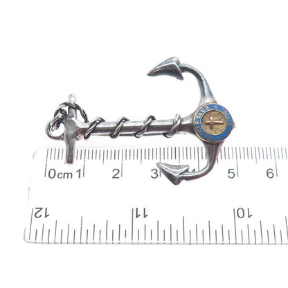 925 Sterling Silver Antique Art Deco Enamel Rudder Club Anchor Oxidized Brooch