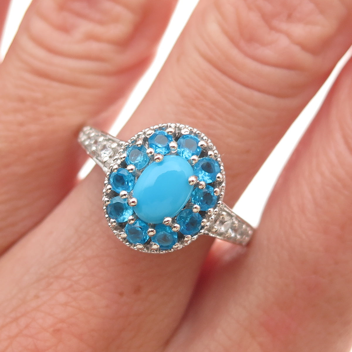 Chuck Clemency 925 Sterling Real Turquoise Apatite & White Topaz Ring Size 8