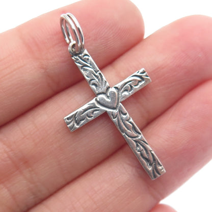 BEAU 925 Sterling Silver Vintage Heart & Feather Cross Oxidized Pendant