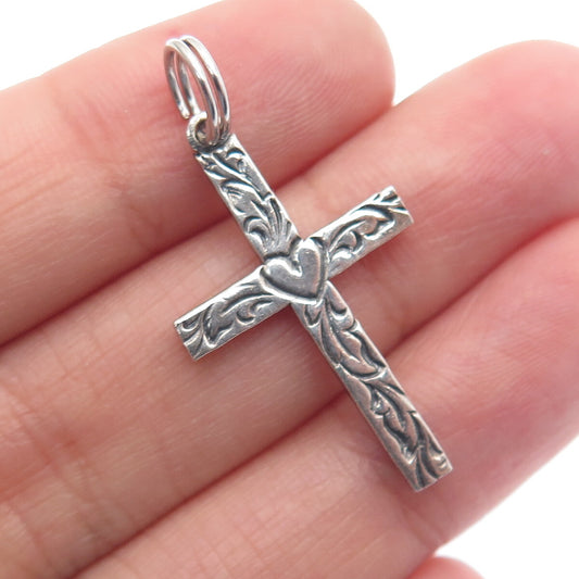 BEAU 925 Sterling Silver Vintage Heart & Feather Cross Oxidized Pendant