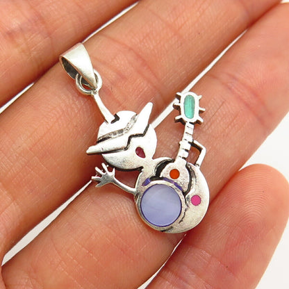 925 Sterling Silver Mother-of-Pearl & Enamel Snowmen Playing Guitar Pendant