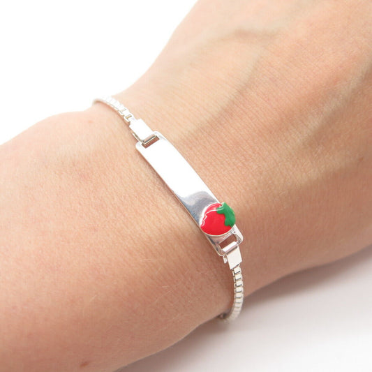 925 Sterling Silver Enamel Strawberry ID Box Link Bracelet 6"