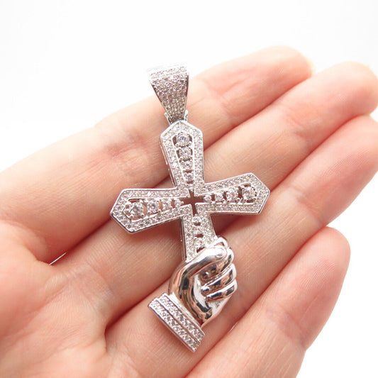 925 Sterling Silver C Z Hand Holding Cross Religious Pendant