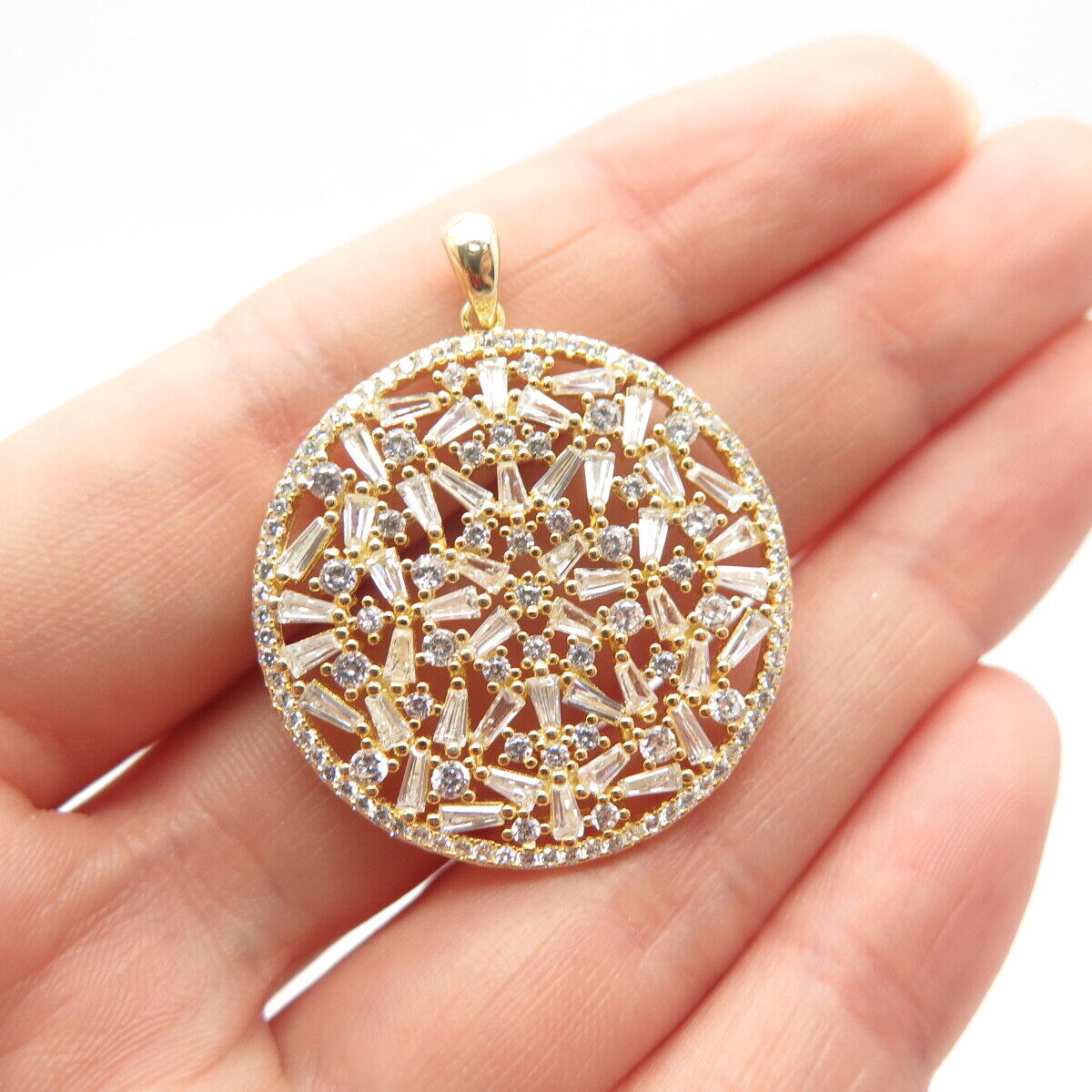 925 Sterling Silver Gold Plated C Z Nugget Round  Pendant