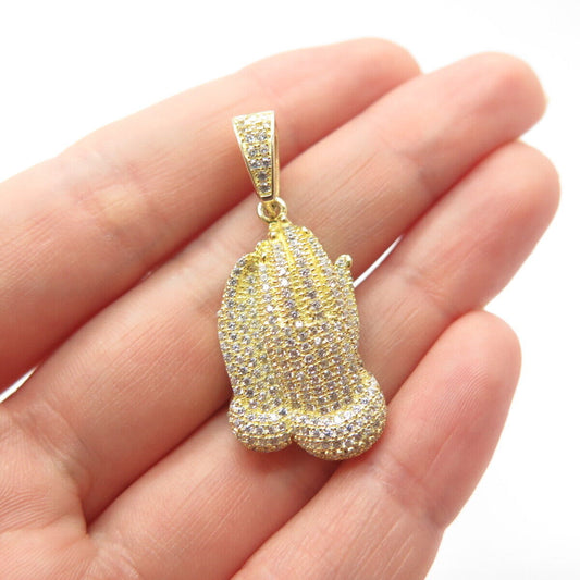 925 Sterling Silver Gold Plated C Z Hands In Prayer Pendant