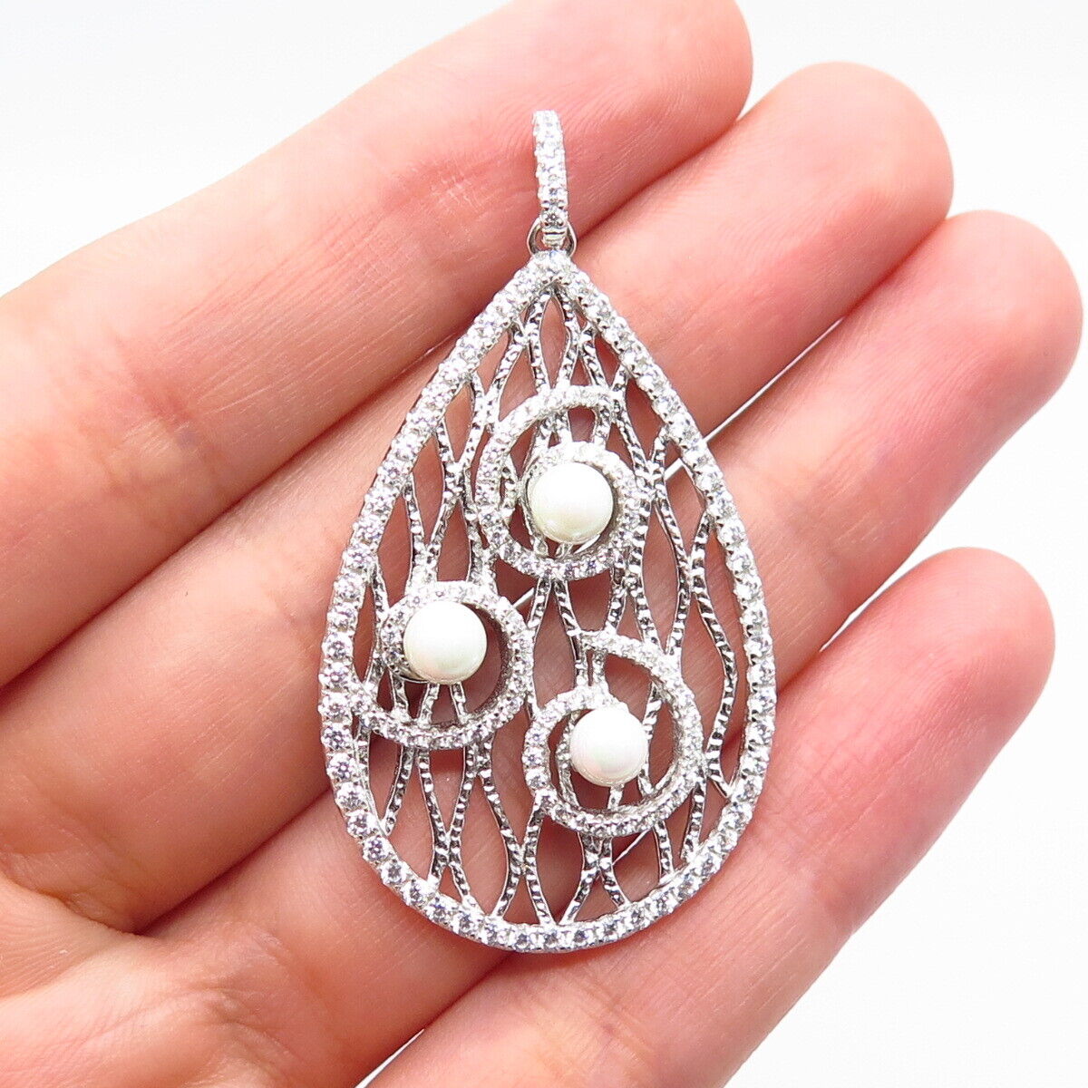 925 Sterling Silver Real Pearl & C Z Ornate Pendant