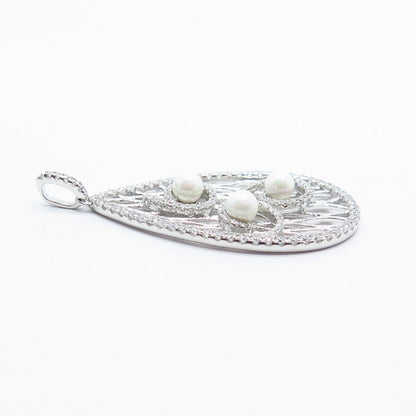 925 Sterling Silver Real Pearl & C Z Ornate Pendant