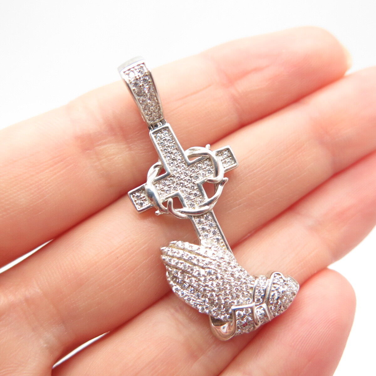 925 Sterling Silver Pave C Z Cross & Hands In Prayer Pendant