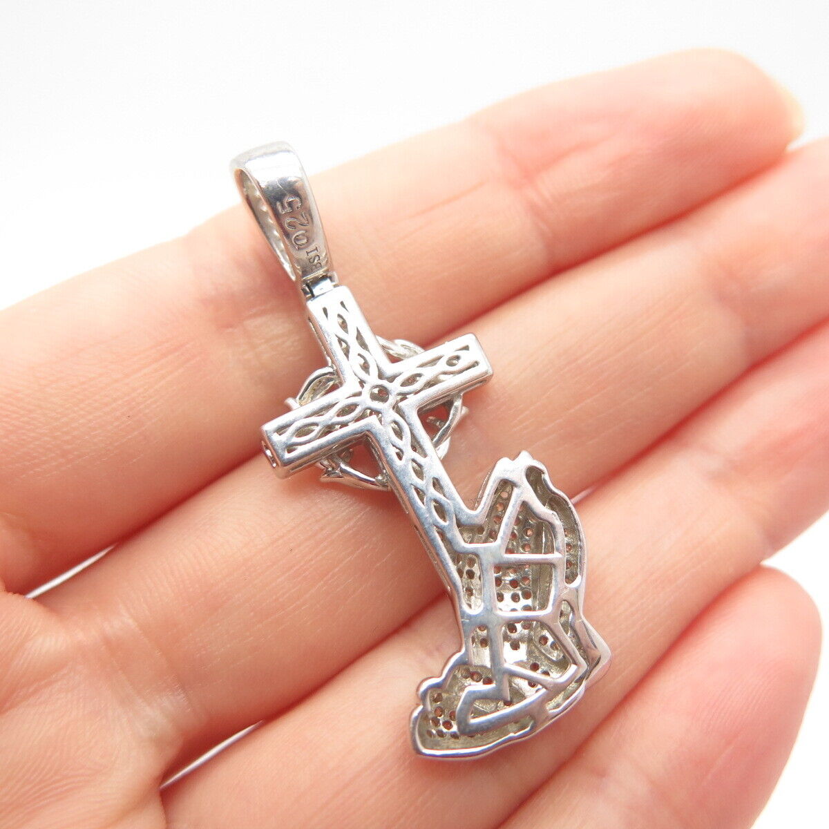 925 Sterling Silver Pave C Z Cross & Hands In Prayer Pendant