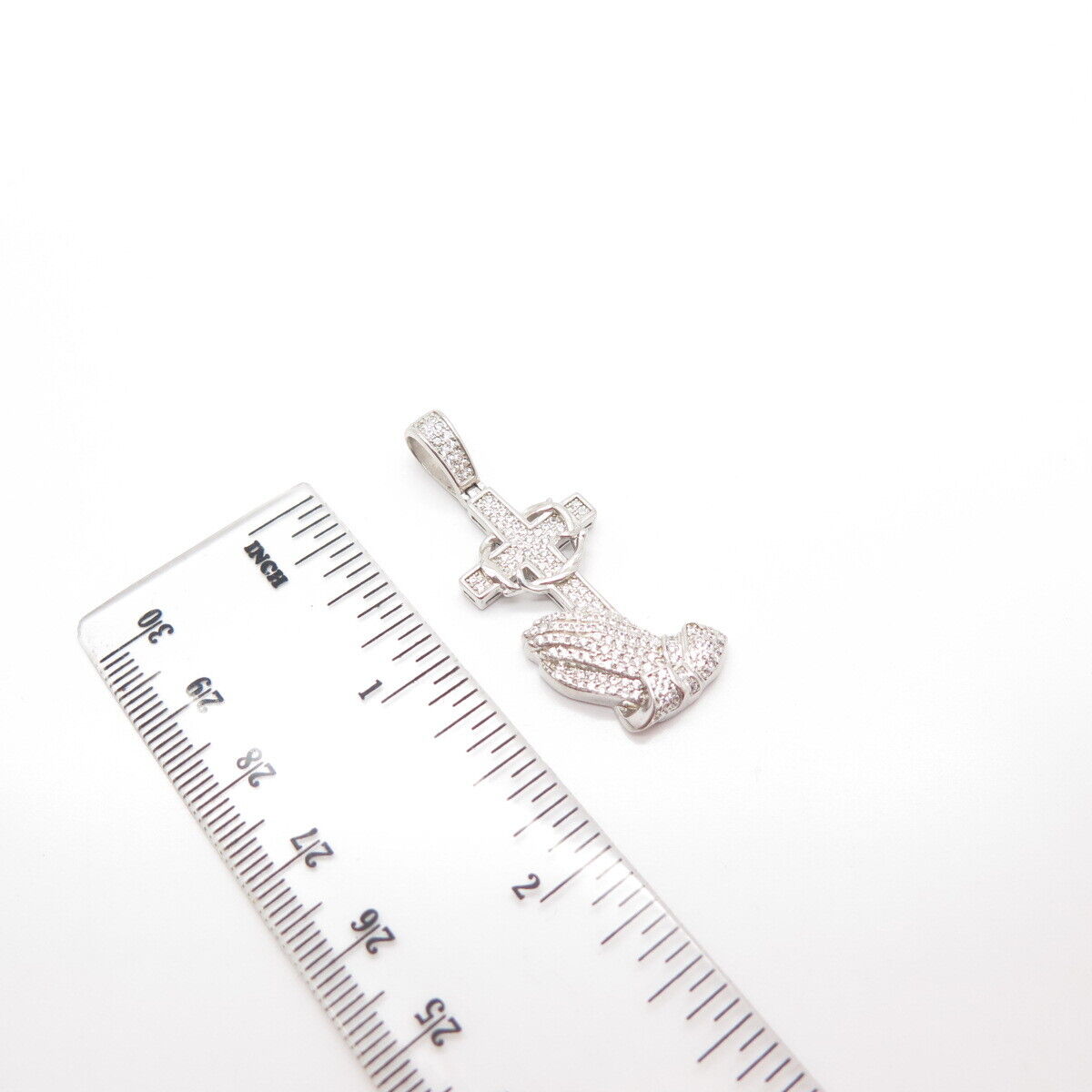 925 Sterling Silver Pave C Z Cross & Hands In Prayer Pendant