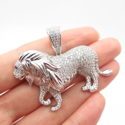 925 Sterling Silver White & Blue C Z Lion Pendant