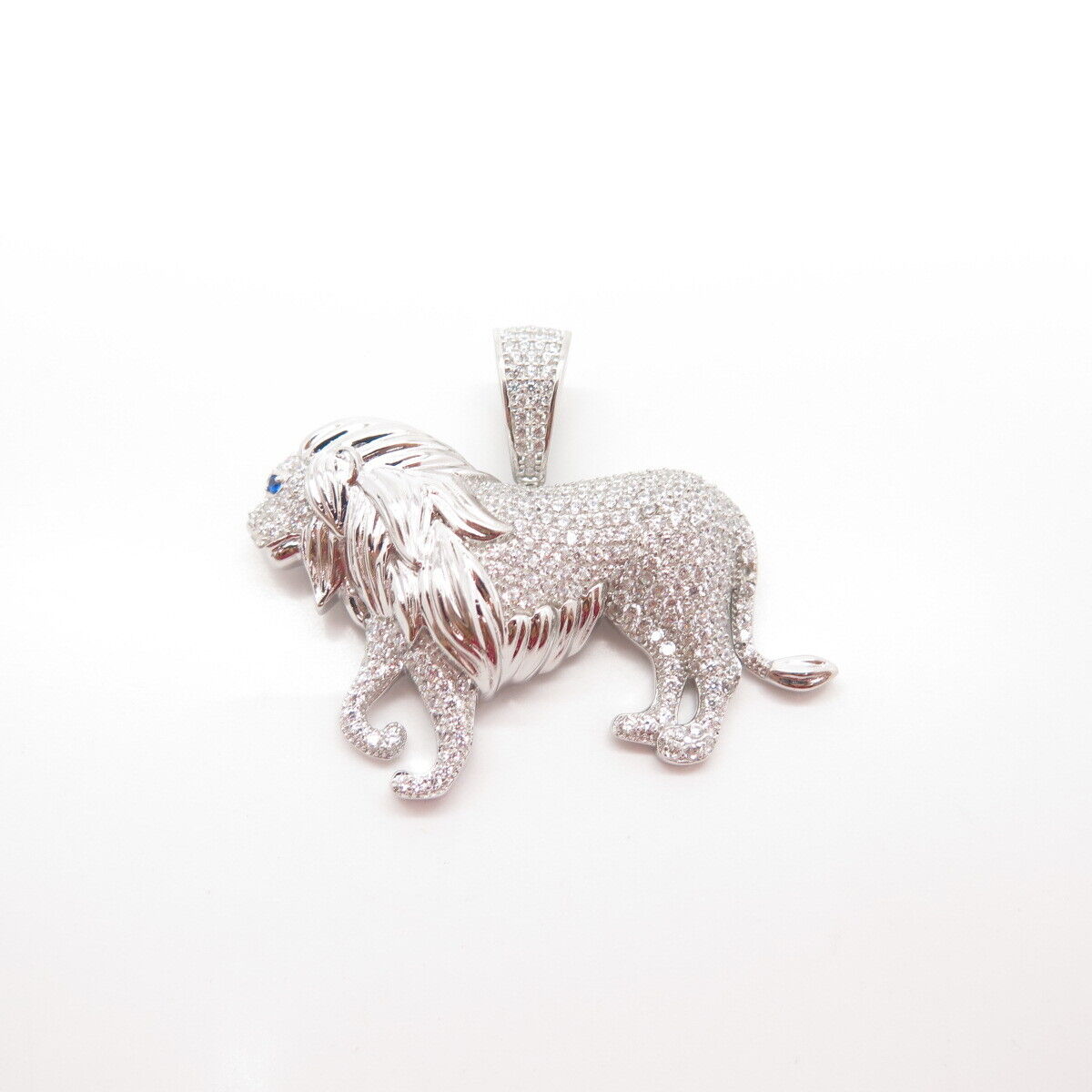 925 Sterling Silver White & Blue C Z Lion Pendant