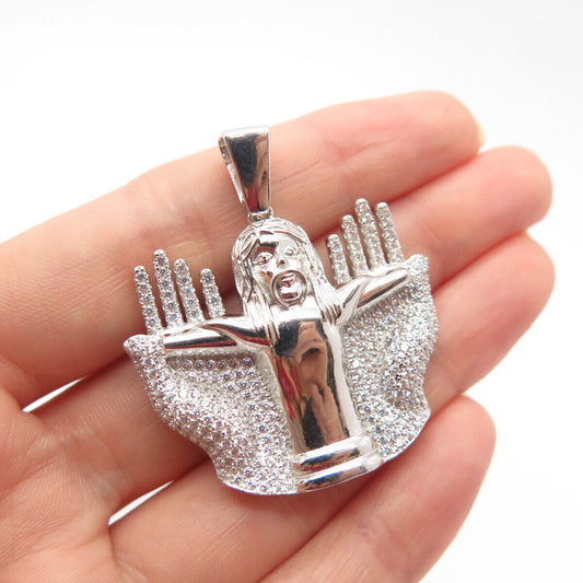 925 Sterling Silver C Z Jesus Hands Religious Pendant