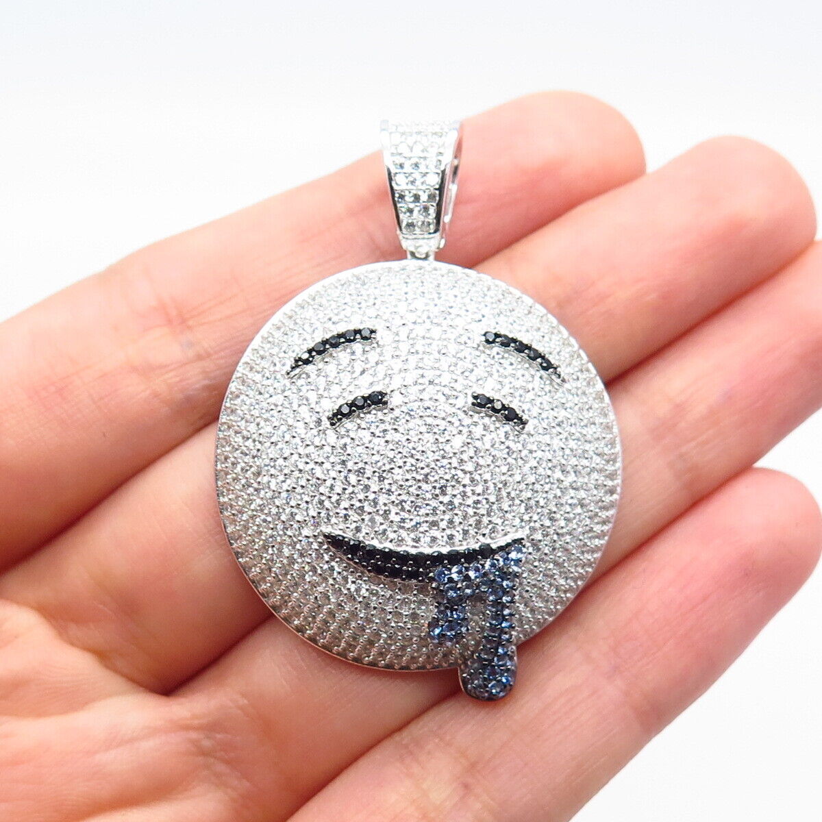 925 Sterling Silver White & Blue Topaz-Tone C Z Trippy Smiley Pendant