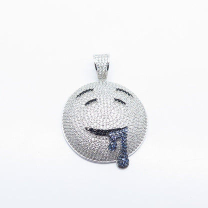 925 Sterling Silver White & Blue Topaz-Tone C Z Trippy Smiley Pendant