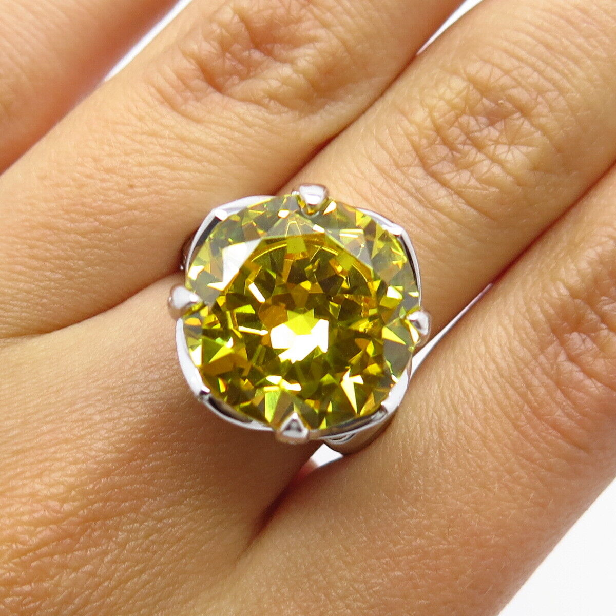 925 Sterling Silver White & Citrine-Tone C Z Ring Size 7.25