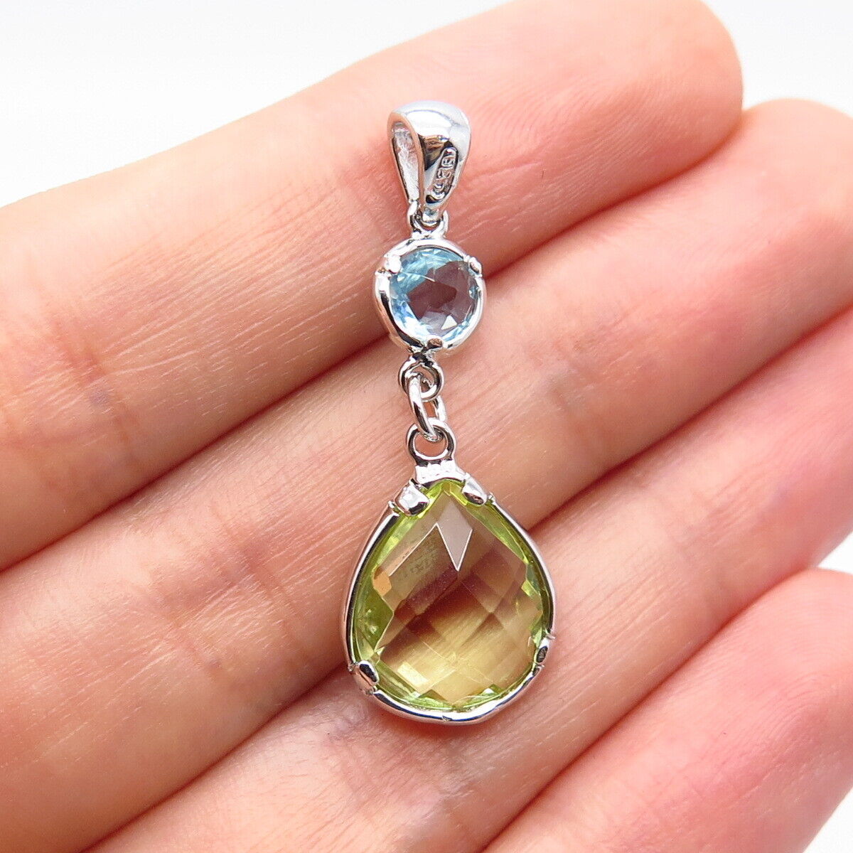 925 Sterling Silver Real Blue Topaz & Peridot Gem Dangling Pendant