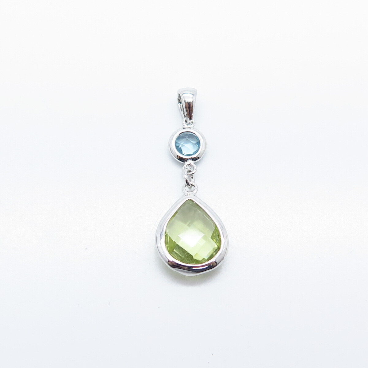 925 Sterling Silver Real Blue Topaz & Peridot Gem Dangling Pendant