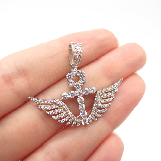 925 Sterling Silver C Z Cross Wings Pendant