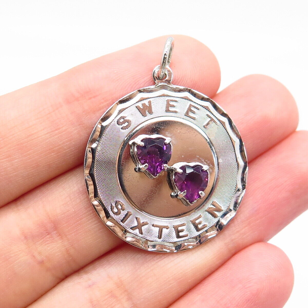 925 Sterling Silver Vintage Amethyst Gem "Sweet Sixteen" Double Heart Pendant