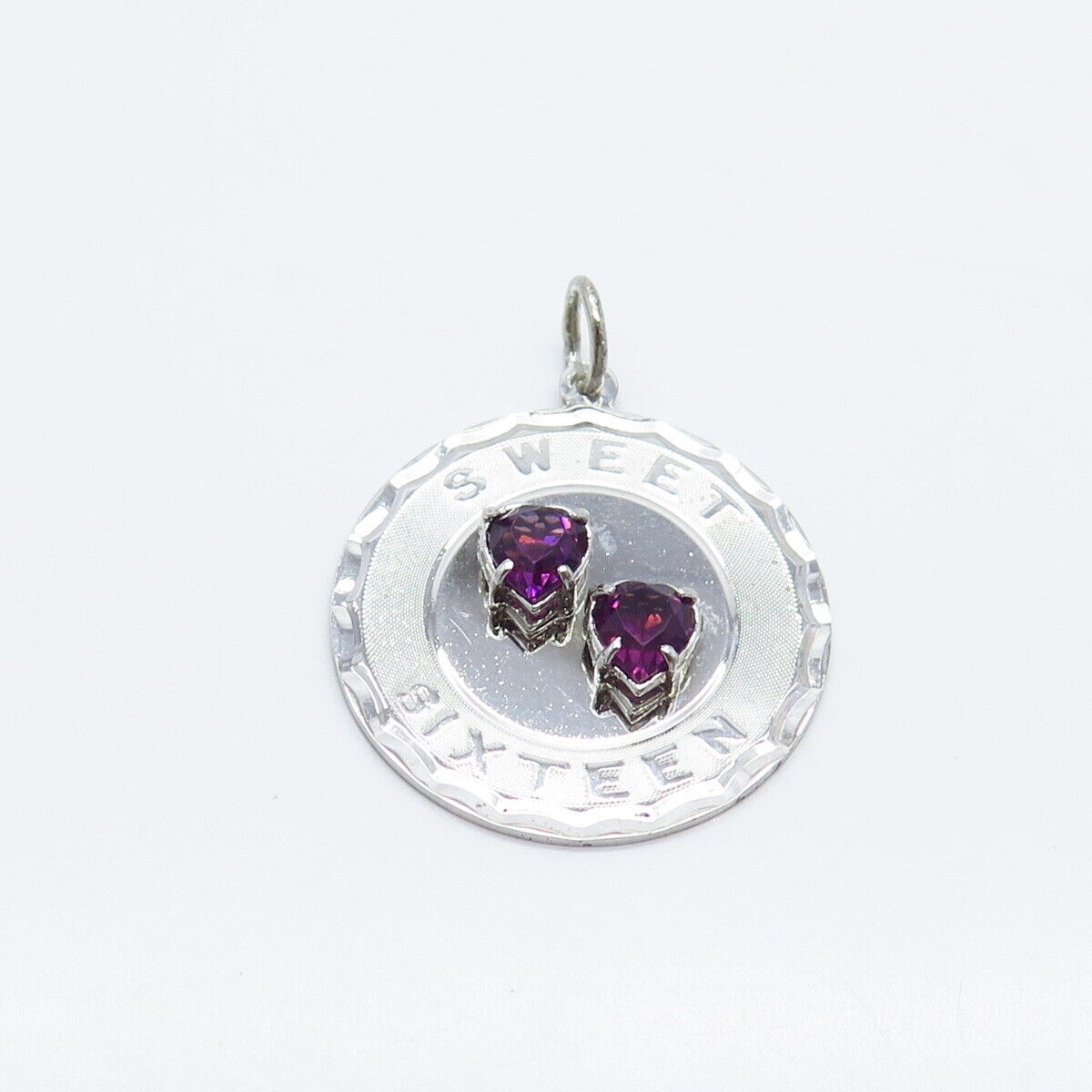 925 Sterling Silver Vintage Amethyst Gem "Sweet Sixteen" Double Heart Pendant