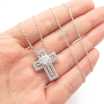 925 Sterling Silver C Z Cross  Rolo Chain Necklace 18"