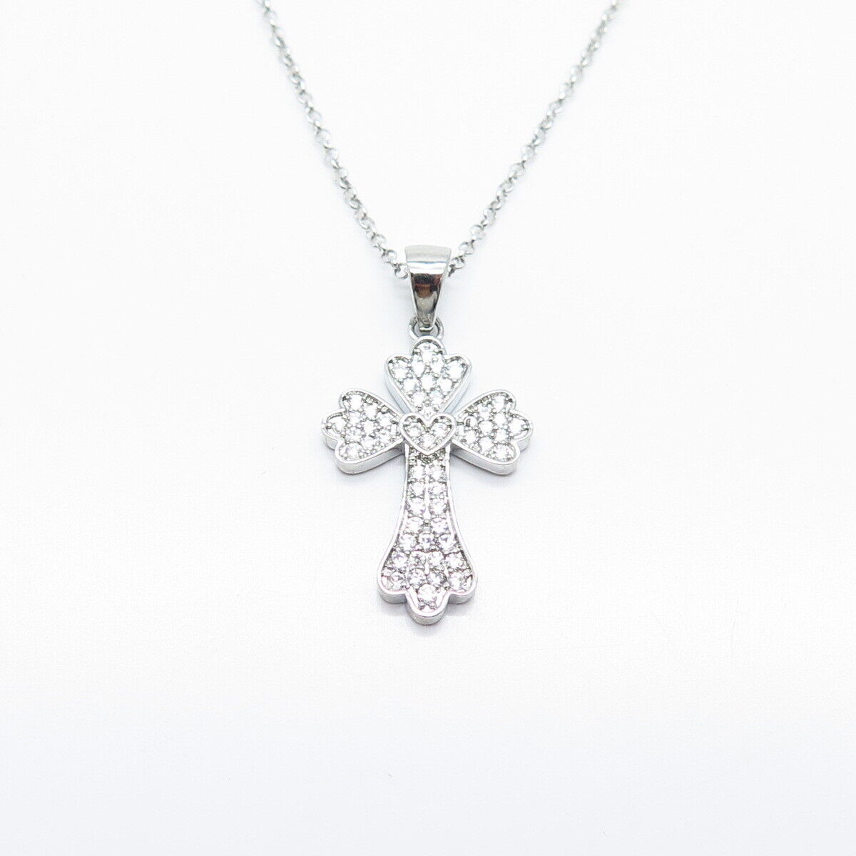 925 Sterling Silver C Z Cross Pendant Rolo Chain Necklace 18"