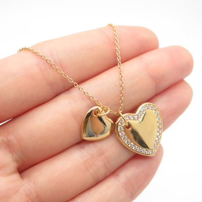 925 Sterling Silver Gold Plated C Z Double Heart Rolo Chain Necklace 16-20"