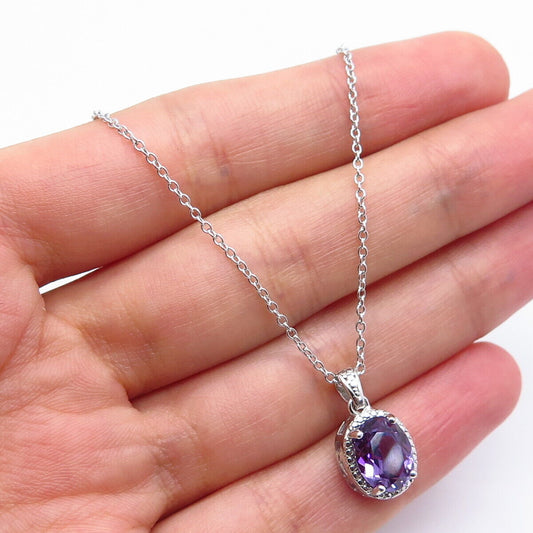 925 Sterling Silver Amethyst-Tone C Z Pendant Rolo Chain Necklace 18"