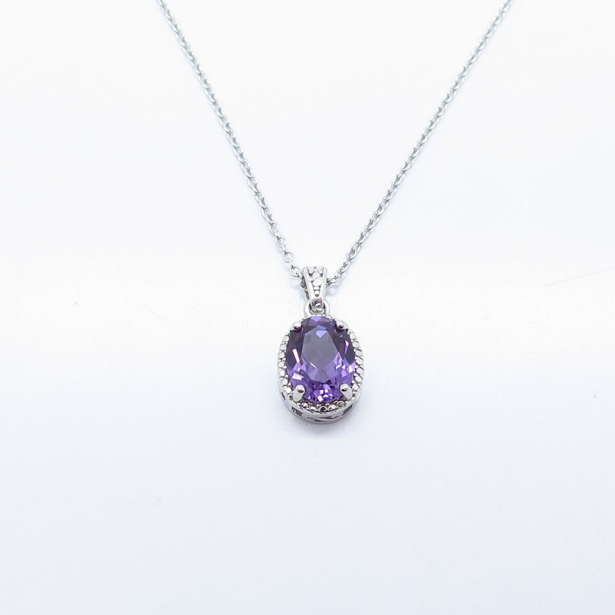 925 Sterling Silver Amethyst-Tone C Z Pendant Rolo Chain Necklace 18"
