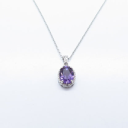 925 Sterling Silver Amethyst-Tone C Z Pendant Rolo Chain Necklace 18"