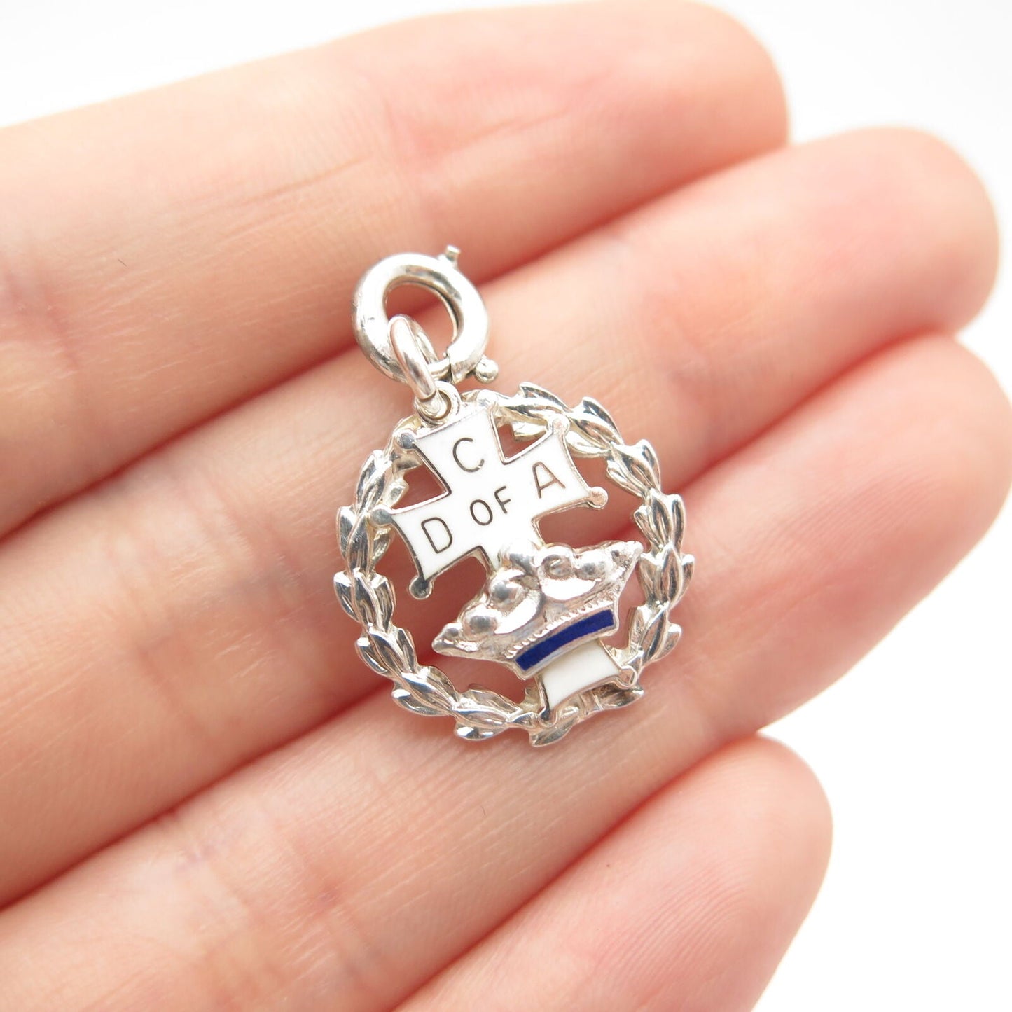 925 Sterling Silver Vintage Enamel Cross & Crown Wreath Charm Pendant