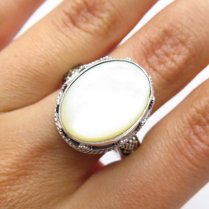 925 Sterling Silver Vintage Suarti Bali Real Mother-of-Pearl Oval Ring Size 8.75