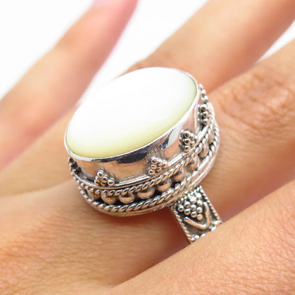 925 Sterling Silver Vintage Suarti Bali Real Mother-of-Pearl Oval Ring Size 8.75