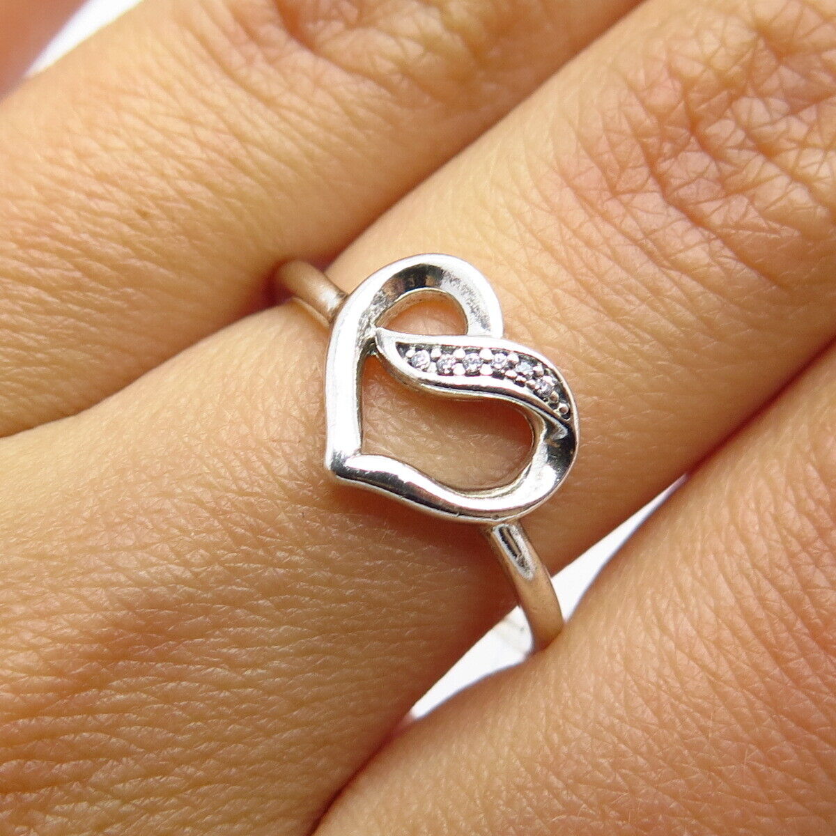 925 Sterling Silver Pandora C Z Twisted Open Heart Ring Size 6