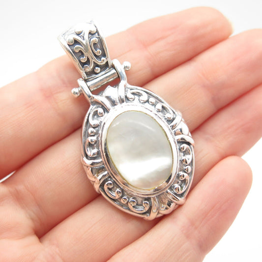 925 Sterling Silver Vintage Real Mother-of-Pearl Ornate Pendant