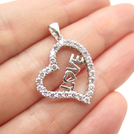 925 Sterling Silver Pave C Z "Love" Open Heart Pendant